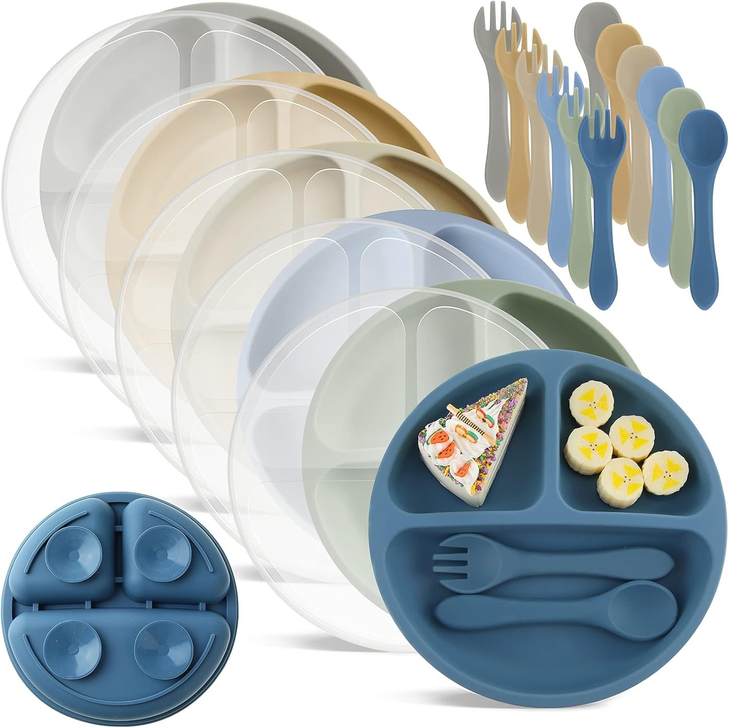 Meanplan 6 Pack Suction Plates for Toddlers with Lids Silicone Baby Plates set Food Grade Silicone Divided Design Microwave and Dishwasher Safe Assorted Colors(Elegant Colors)