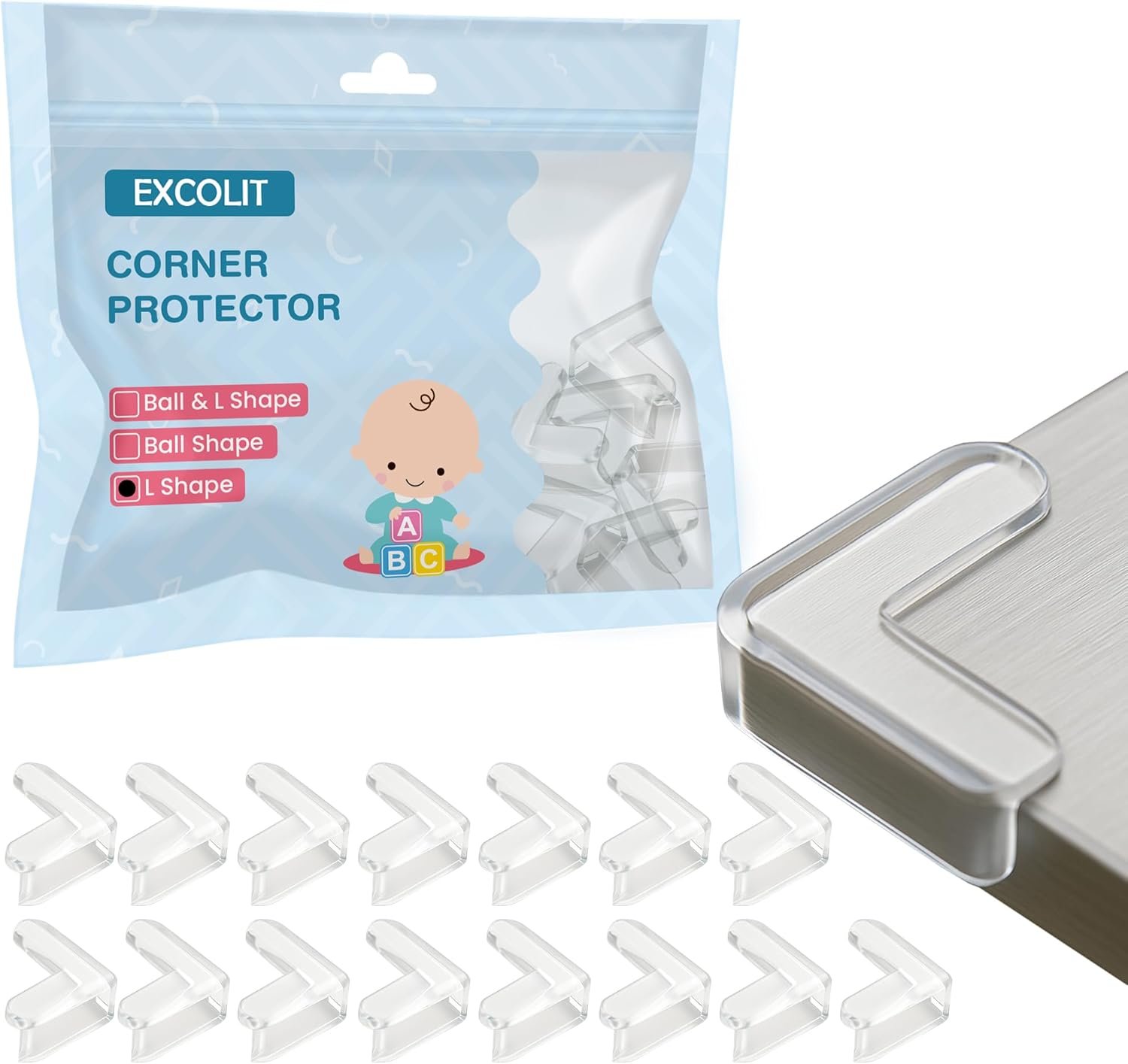 15 Pcs L-Shape Corner Protector for Baby Proofing – Clear 4cm x 4cm Edge Safety Bumpers for Furniture & Sharp Table Corners – Slim Profile Secure Adhesive Gel Pads Included