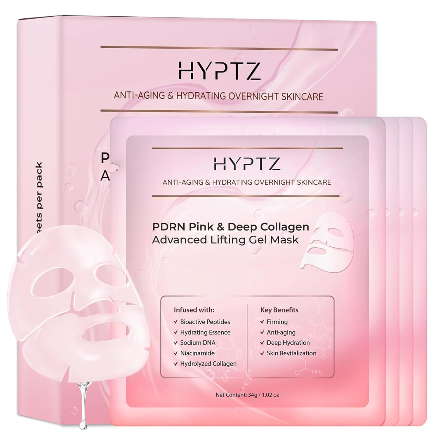 realori Salmon DNA PDRN Collagen Face Mask – Korean Face Mask for Glass Skin – Collagen Face Masks Skincare Overnight Hydrogel – Firming, Hydrating Face Masks, Pink Collagen Mask 4-Pack