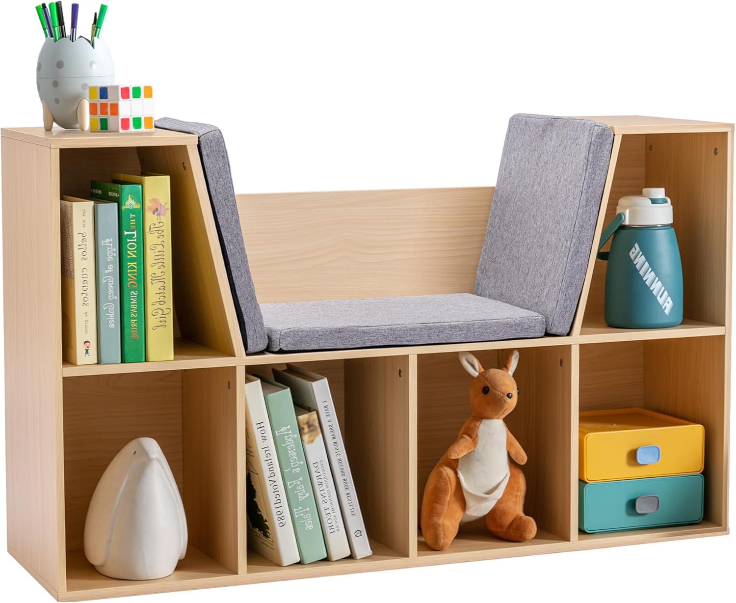 HOMCOM 6-Cubby Kids Bookcase with Reading Nook and Cushion, Multi-Purpose Storage Organizer for Bedroom, Living Room, Natural