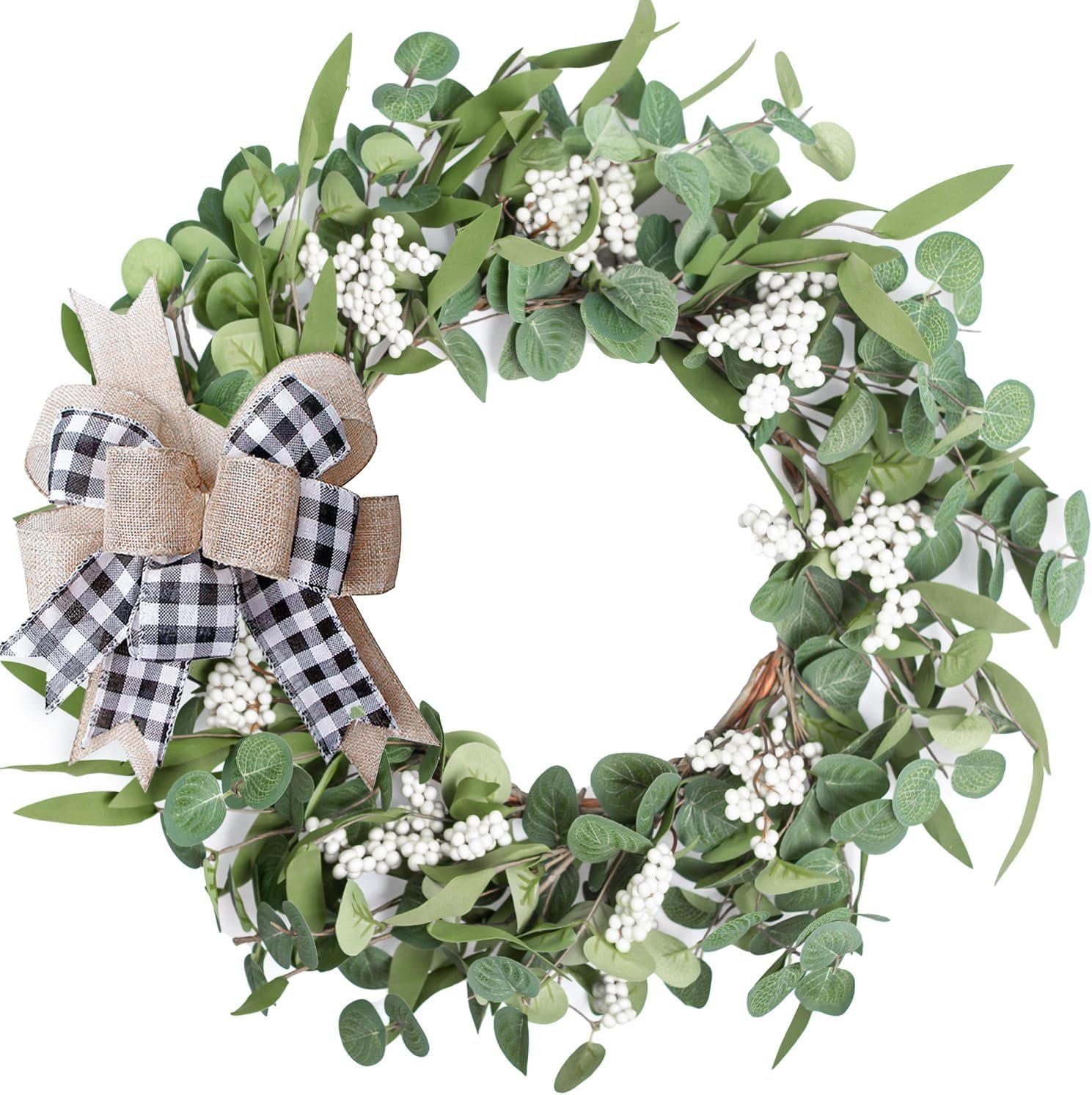 Artificial Eucalyptus Wreath for Front Door|20″ Green Leaf Wreath for Window Home Porch Farmhouse Patio and Garden Indoor Outdoor Decor with Bow for Spring Summer Fall Winter