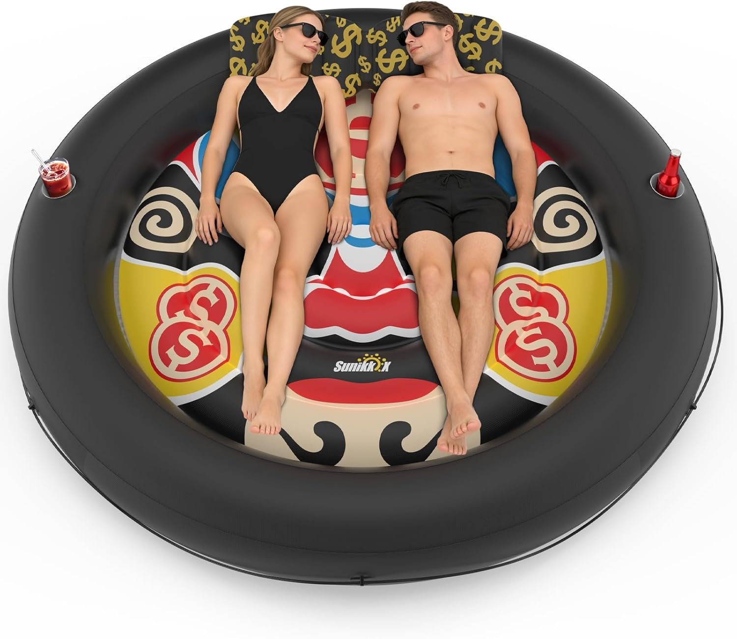 Sunikko X 73″x73″ Inflatable Tanning Pool Floats Lounger Bed for Adults, Lucky Design XL Round Blow Up Pool Raft with Cup Holders, Pillow, 500lb, Sunbathing, Pool, Beach, Lake, Backyard Party