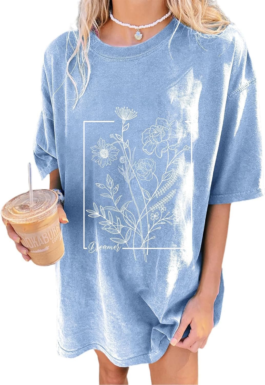 Remidoo Women’s Oversized Tshirt Vintage Graphic Tee Short Sleeve Round Neck Baggy Shirt Flower Blue Large