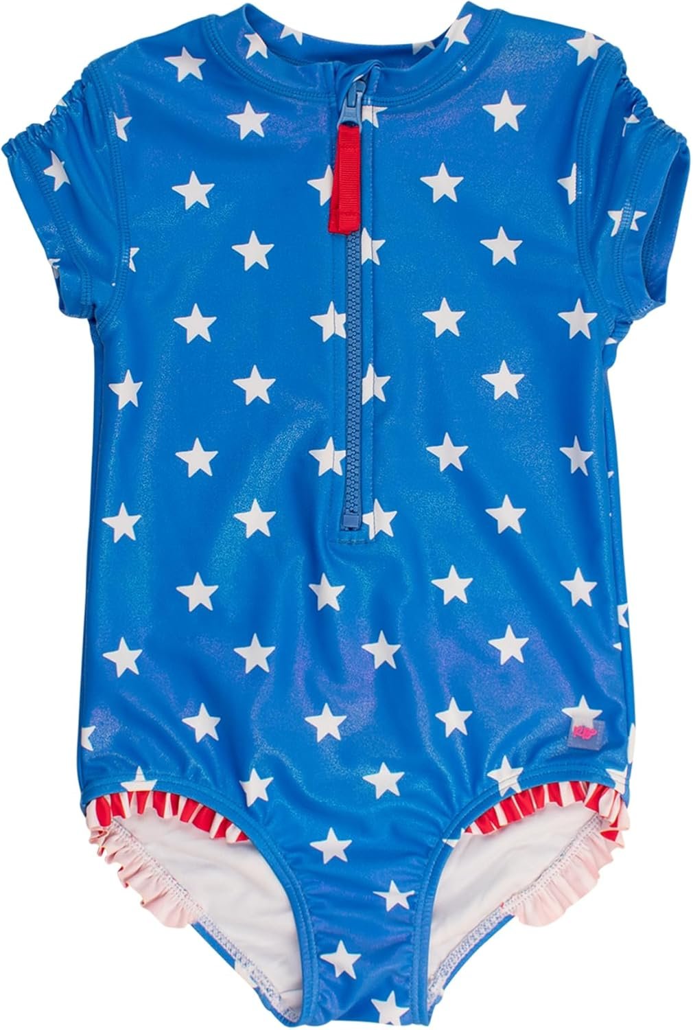 RuffleButts Girls UPF50+ Sun Protection Front Zipper Short Sleeve Rash Guard One Piece Swimsuit