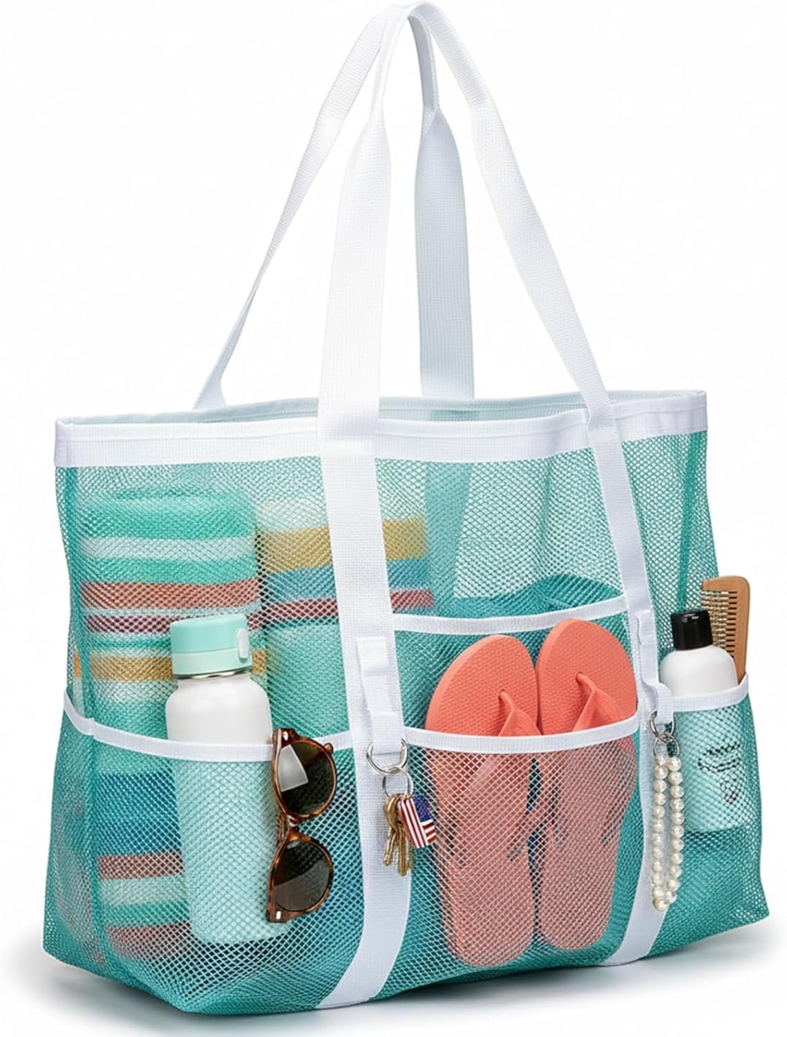 F-color Mesh Beach Bag Family – Large Tote Bag 9 Pockets for Swim Pool Toys Cruise Beach Vacation Essentials