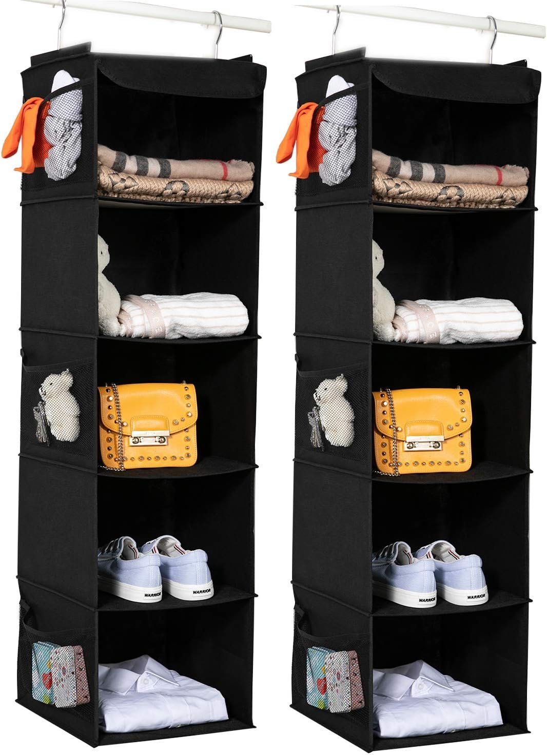 BrilliantJo 2 Pack Hanging Closet Organizer, 5 Shelves Hanging Storage with 6 Side Pockets for Clothes Shoes, 43″x12″x12″(Black)