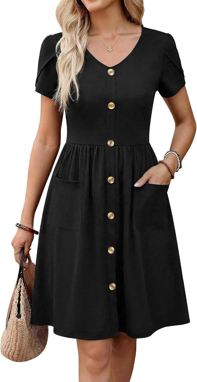 Zeagoo Womens Summer Dress Mini Petal Short Sleeve Dresses Pleated Button Down V Neck Floral Beach Swing Vacation Dress 2026