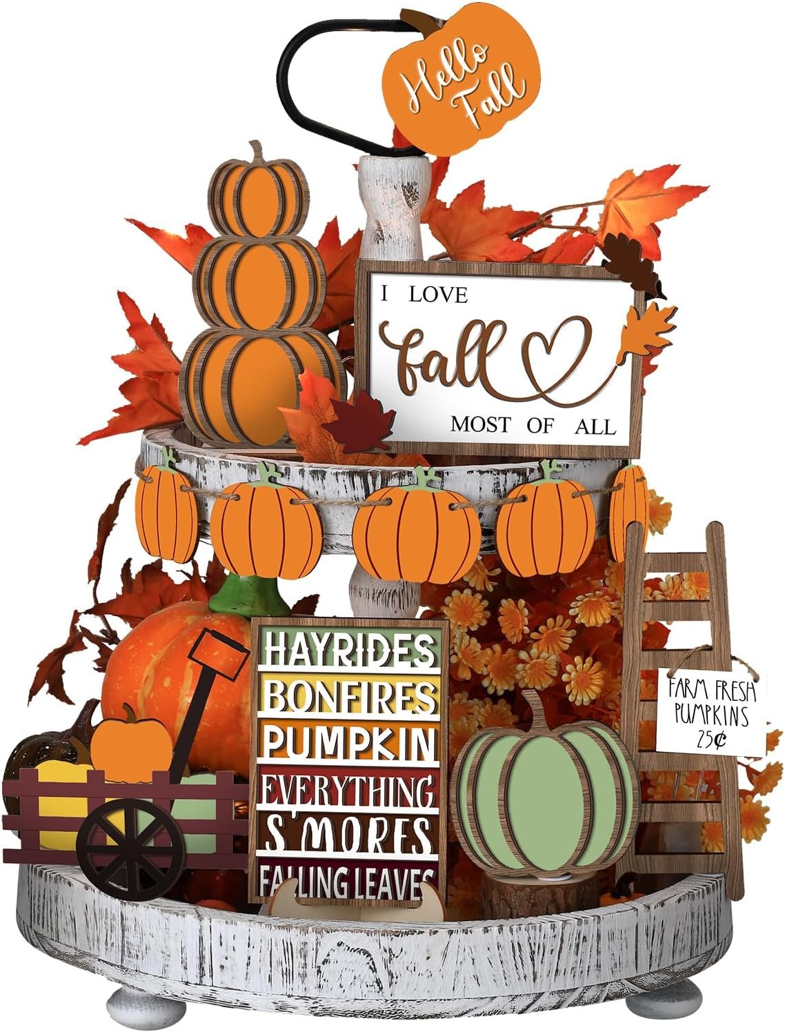 Sumind 15 Pcs Thanksgiving Tiered Tray Decor Set Fall Decorations for Home Autumn Wood Signs Thanksgiving Orange Brown Table Signs Farmhouse Wooden Maple Pumpkin Gnomes Tabletop for Festival(Harvest)