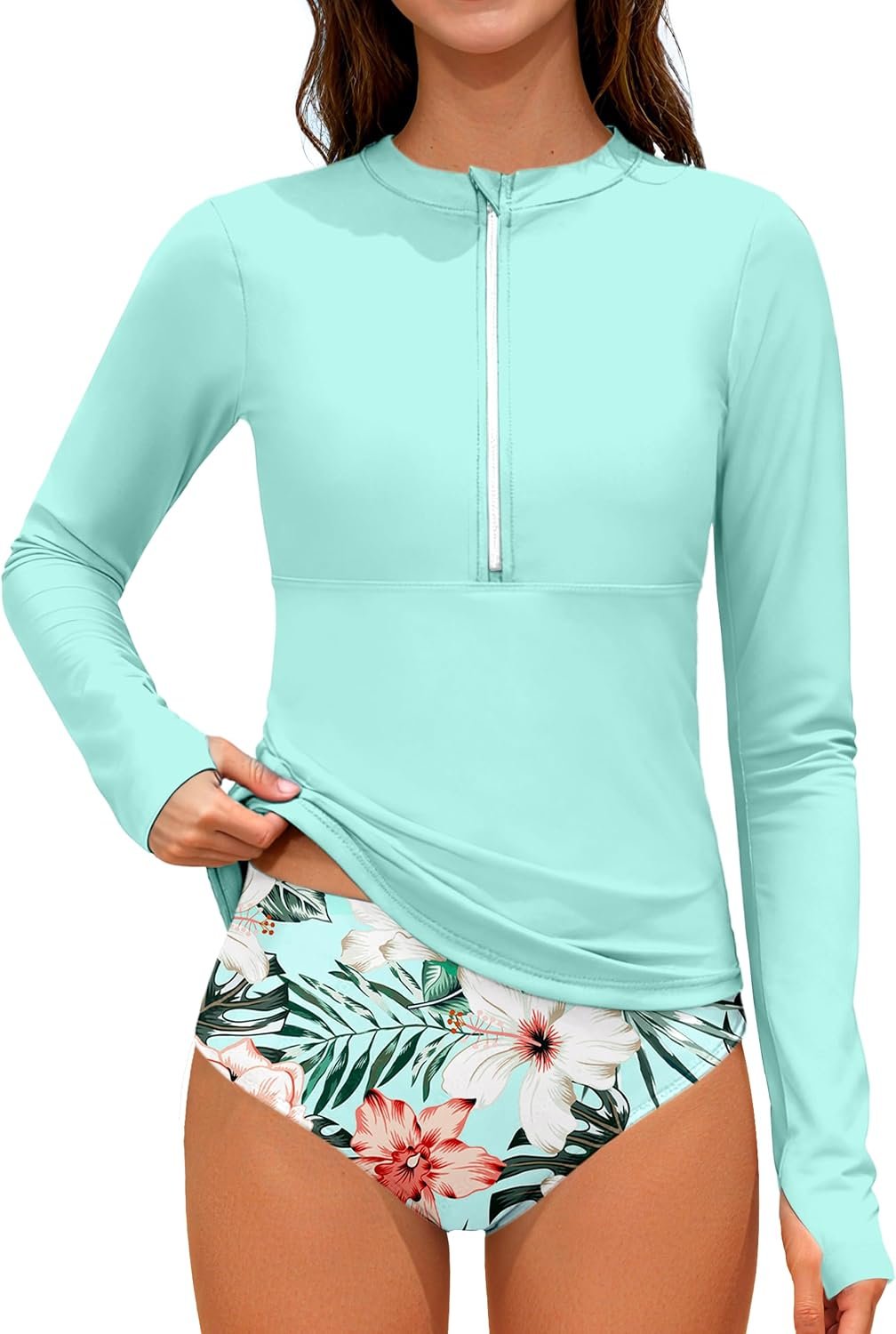 Girls Rash Guard Swimsuit Half-Zip Long Sleeve Modest Bathing Suit with Chest Padding 2Pcs Teen Girl Swimwear UPF 50+