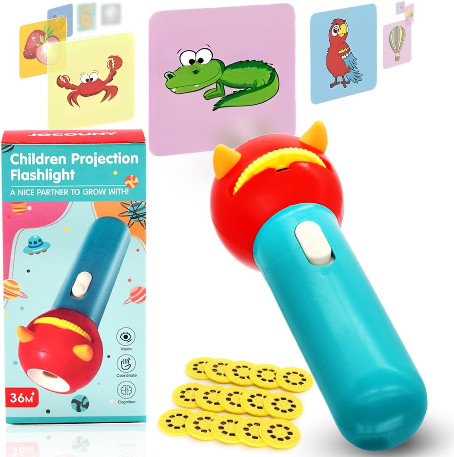 Children’s Projector Toys – Kids Electric Projected Torch Flashlight with 15 Discs 120 Images Educational Learning Toy Gifts for Kids (Blue-Red)