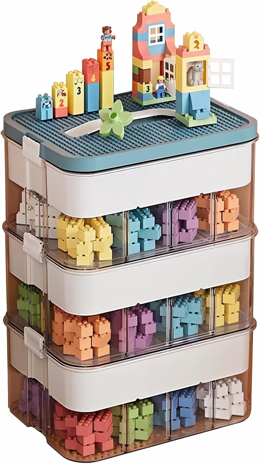 3 Tier Stackable Storage Organizer for Lego, 12.01”*9.06”*12.80” with Removable trays & grid Plates, PP Transparent Building Bricks Puzzle Craft Container Box Sorter, Green