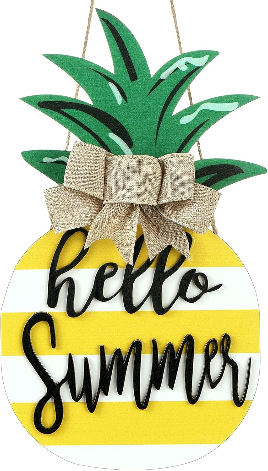 Jetec Hello Summer Door Sign Rustic Ice Lolly Wooden Sign Hanging Round Porch Decor with Burlap Bow Wreaths Front Door Decor for Summer Farmhouse Home Porch Garden Yard, 11.8 Inch