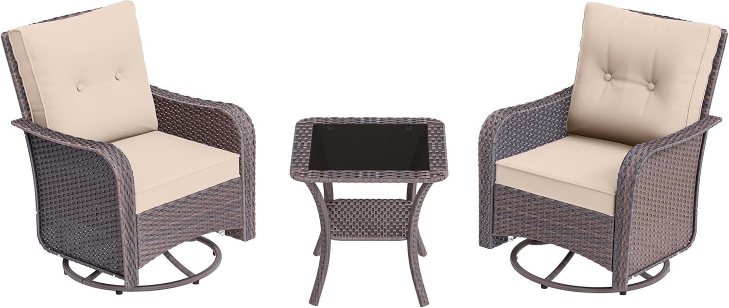 3 Piece Wicker Swivel Rocking Chair Set, Outdoor Patio Glider Chair with Glass Top Coffee Table, Conversation Furniture Set Suitable for Patio, Lawn, Outdoor, Back Garden(Sand)