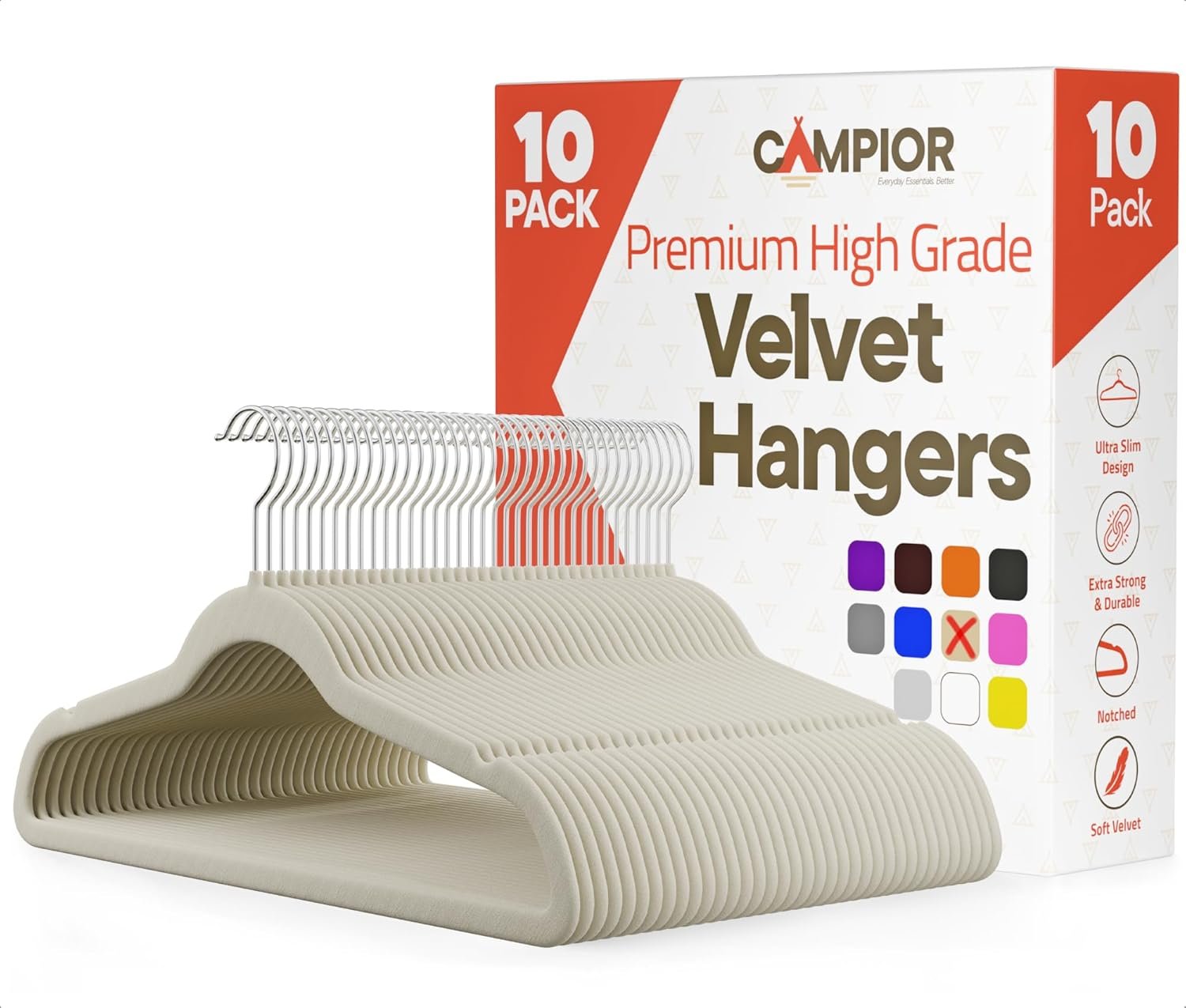 Ivory Velvet Hangers 10 Pack – 360° Swivel Hook, Non-Slip and Space Saving Hangers, Heavy-Duty 11 lbs Weight Capacity – Smooth Velvet Finish for Crease-Free Clothes and Effortless Closet Organization