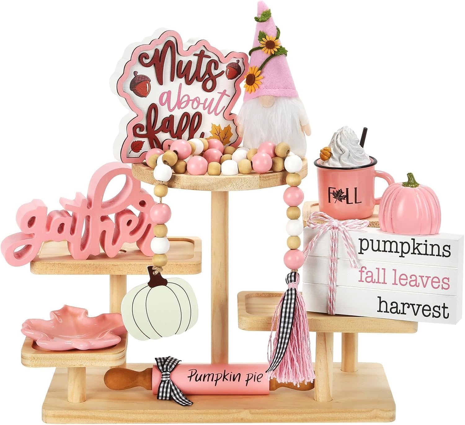 Thanksgiving Decorations for Home 8PCS Pink Fall Tiered Tray Decor Set, Fall Thanksgiving Decor for Shelf Mantel Office Desk Coffee Bar Table Centerpieces Pumpkin Farmhouse Tabletop Wood Signs
