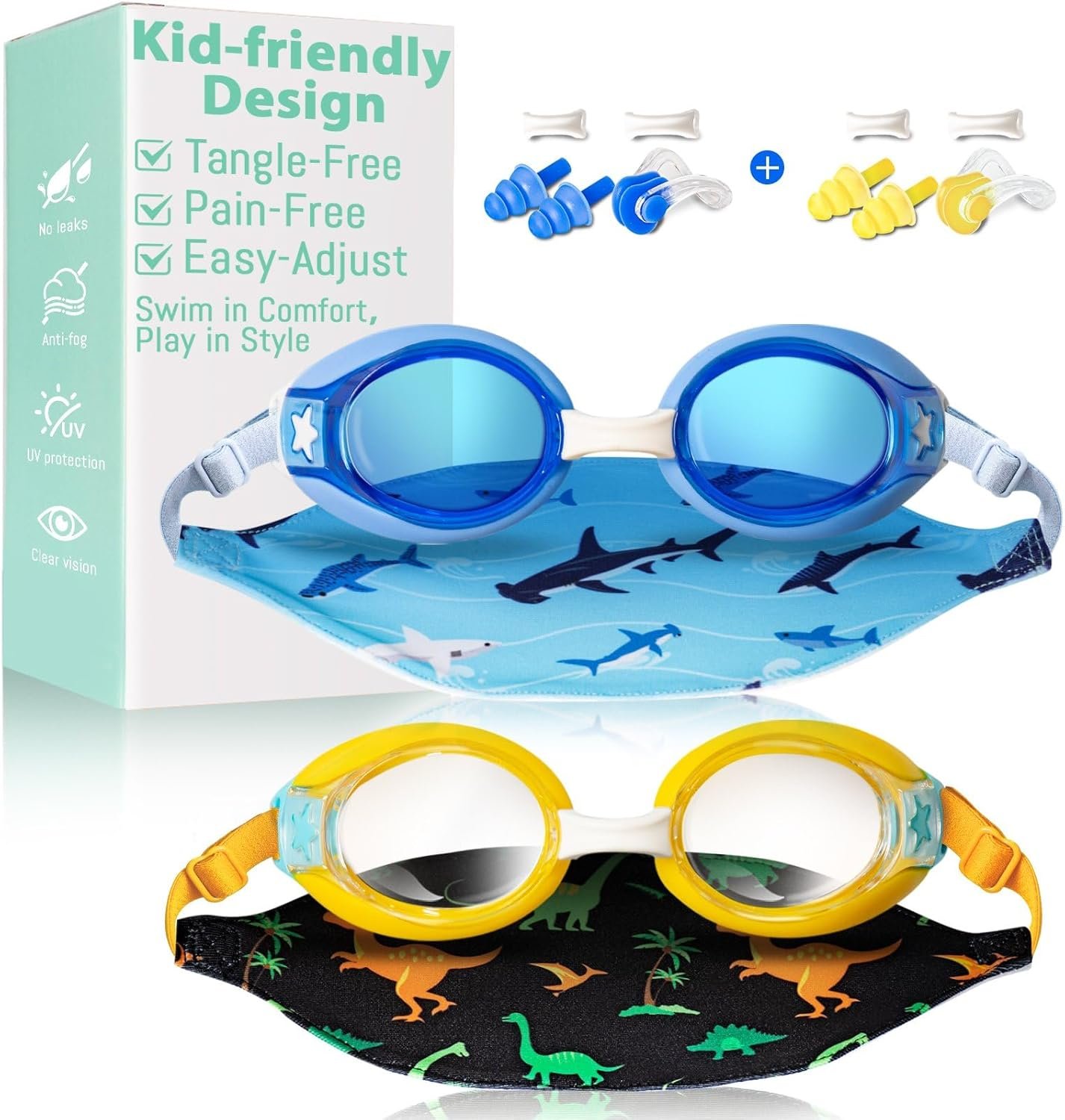 Pixel Panda Kids Swim Goggles with Fabric Strap for 3-12 Anti-Fog Anti-UV, No Leak No Hair Pulling Swimming Goggles