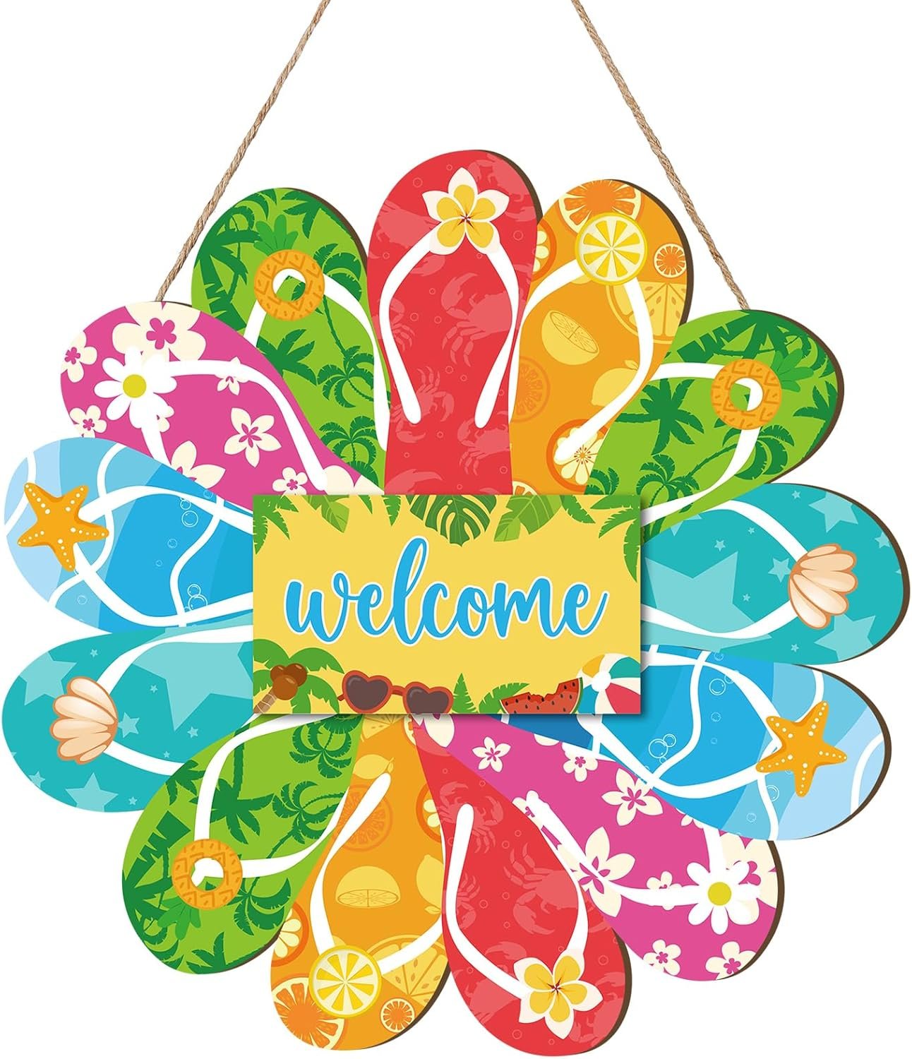 Yousoontic Summer Slippers Hanging Sign Flip Flop Shape Welcome Wooden Door Sign with Rope Rustic Wall Decorations for Summer Yard Indoor Outdoor Front Door Decor, 11.8 Inch