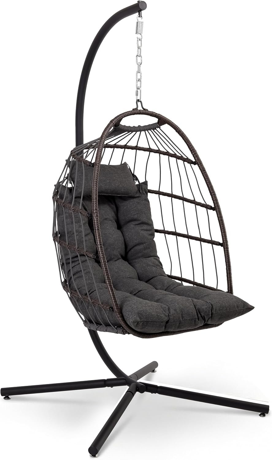 SereneLife Egg Chair with Stand – Hanging Rattan Wicker Swing for Indoor Outdoor Use – 350 lbs Capacity, Breathable Cushion & Headrest – Patio, Balcony, Porch, Bedroom Lounge Furniture