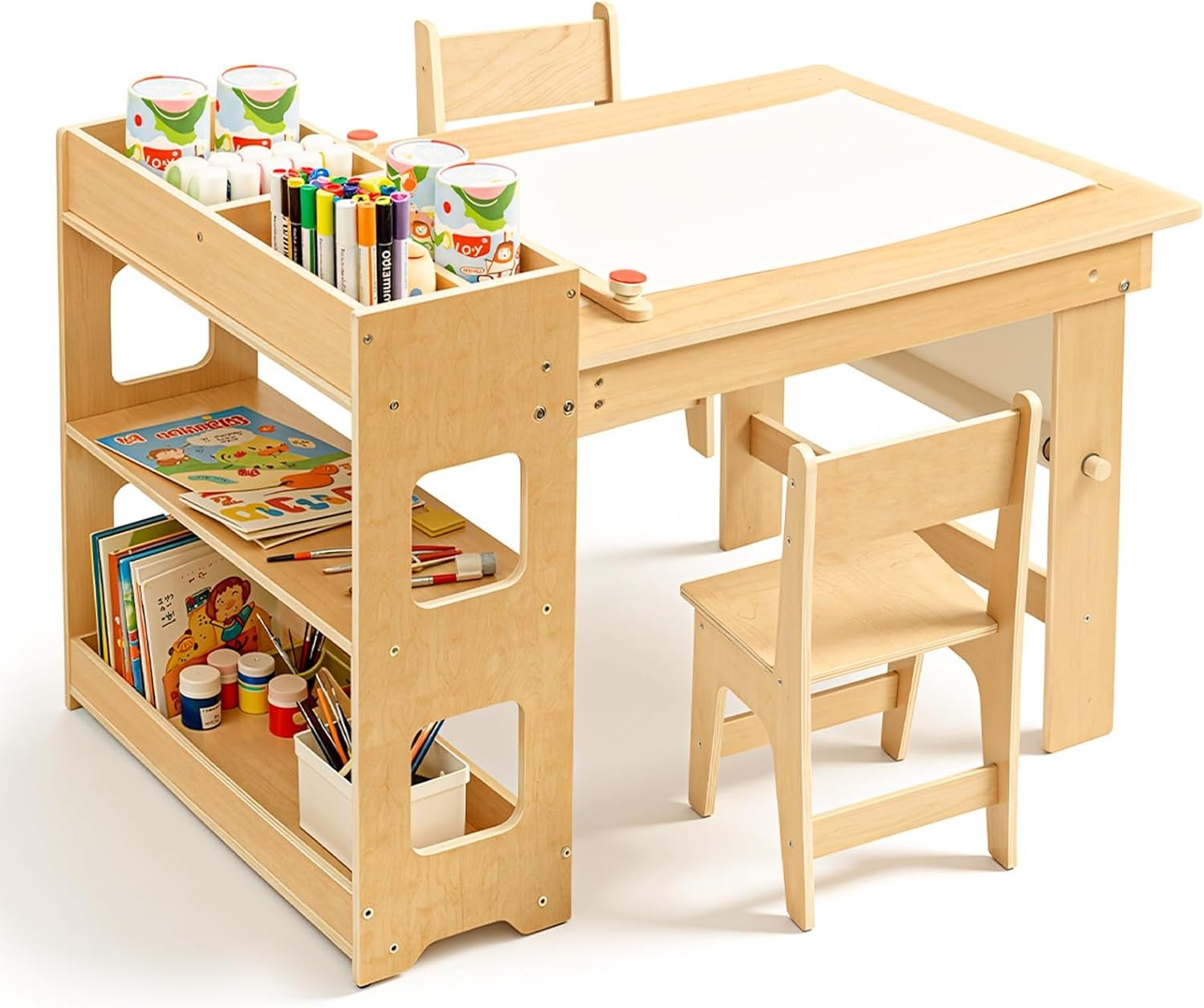 WINGYZ 5 in 1 Kids Art Table and Chairs – Toddler Activity Table and 2 Chair Set with Storage Cabinet, Wooden Kids Craft Table, Art Desk Sensory Table with Paper Roll for Playroom Ages 2-12 Gift