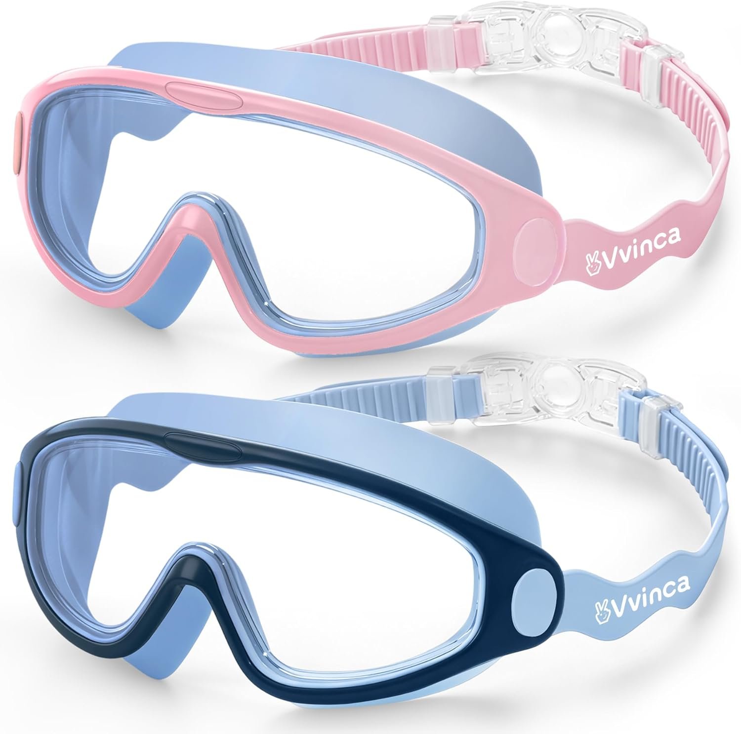 Vvinca Kids Swim Goggles 2 Pack, Soft Wave-Shape Strap (No Hair Pulling), Anti Fog Leak Free Swimming Goggles Boys Girls 3-15