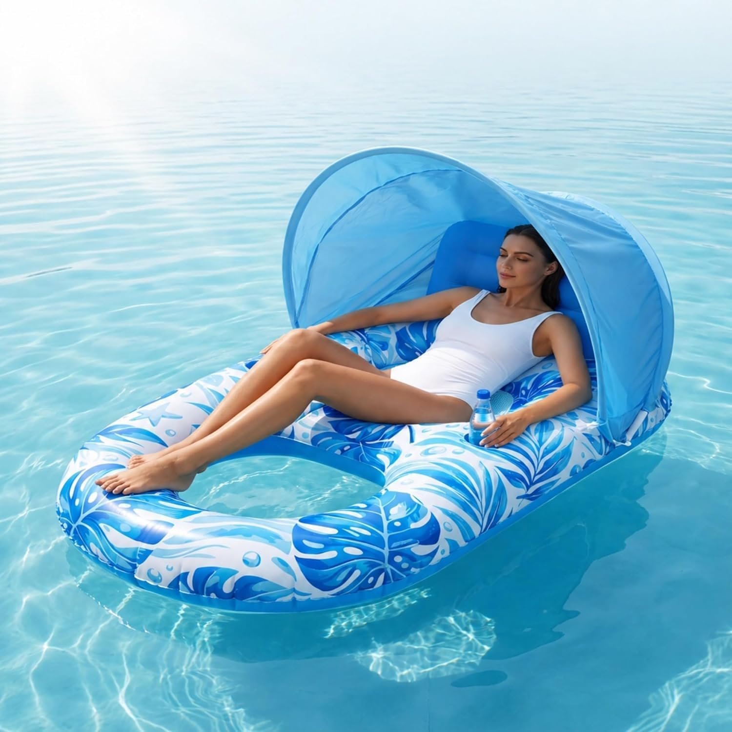 Pool Floats Adult with Canopy, Inflatable Lounger Float with Adjustable Sun Shield & Cup Holders, Water Chair for Swimming Pool Party