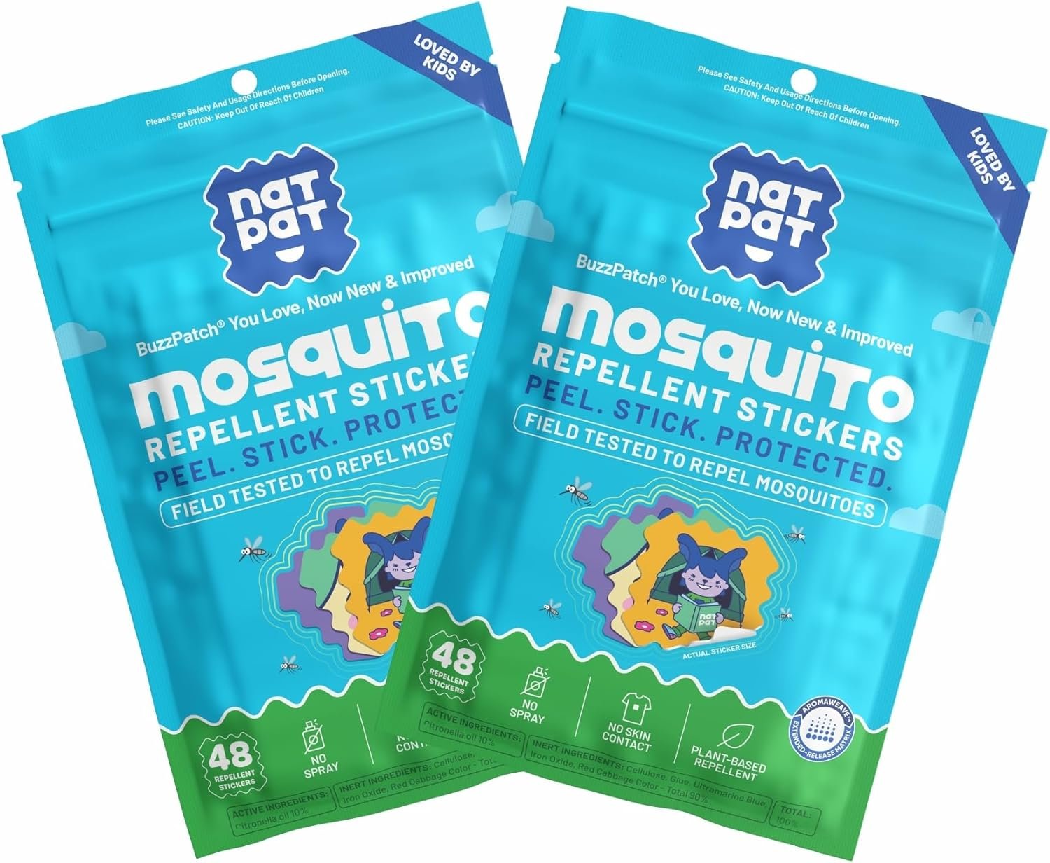 NATPAT BuzzPatch Mosquito Patch Stickers for Kids – All Natural, Plant Based Ingredients, Non-Toxic, DEET Free, Citronella Insect Patches, for Toddlers, Babies, Children (2 Pack, 96 Units)