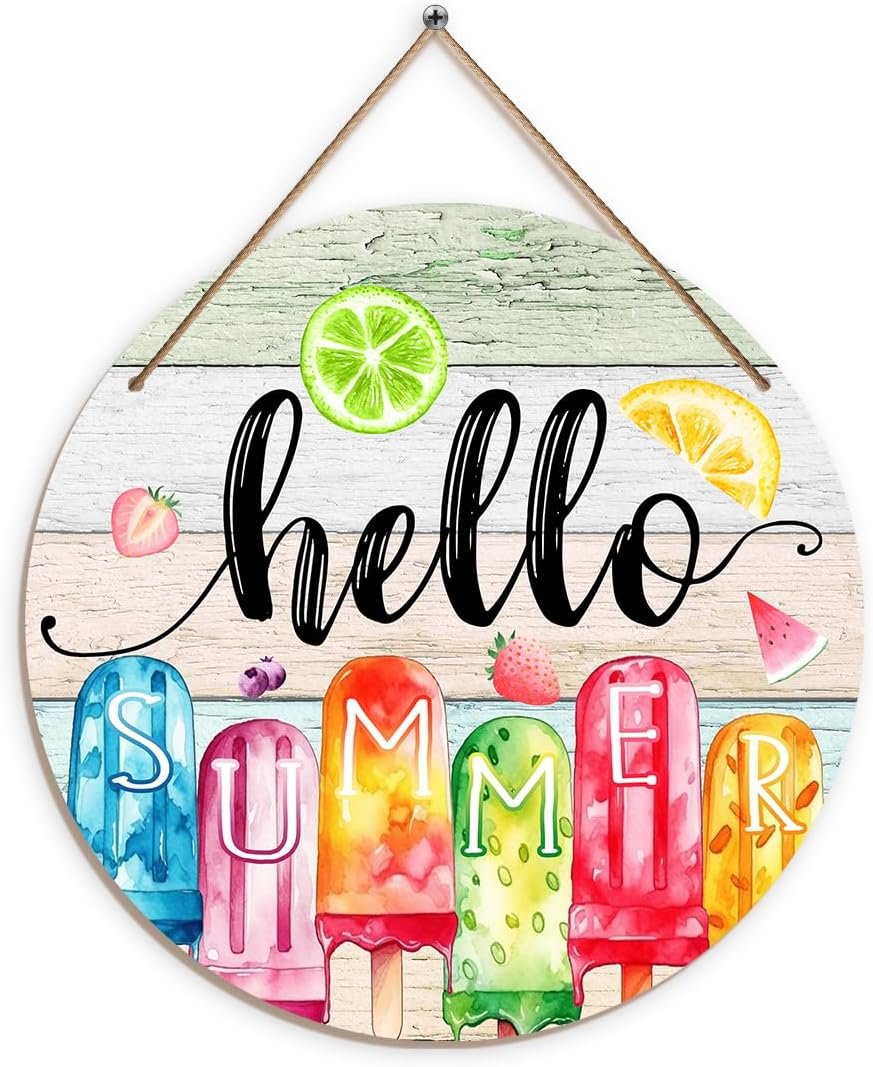 Hello Summer Door Sign, Decorations for Home Front Door Decor, Rustic Wooden Welcome Sign Hanging Plaque, Summer Porch Outdoor Wall Decor for House, Garden, Office, Classroom