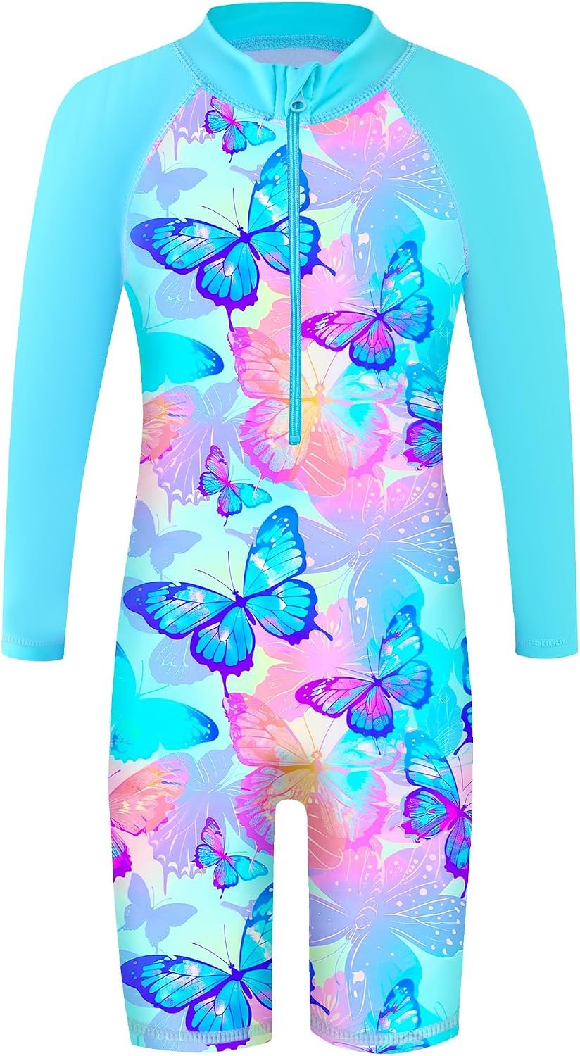 TFJH E Girls UPF 50+ Long Sleeve Rash Guard Zip Swimsuit for Swimming 3-14Y