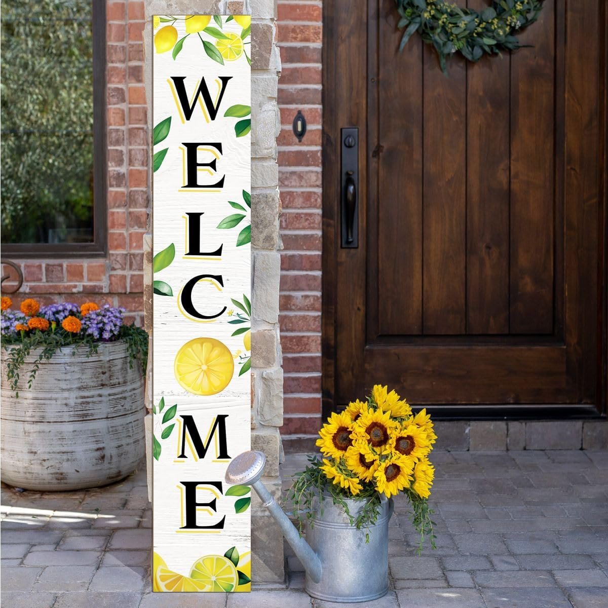 Summer Wooden Porch Sign 47″ Large Lemon Welcome Sign Vertical Indoor Outdoor Standing Sign For Garden Home Yard Farmhouse
