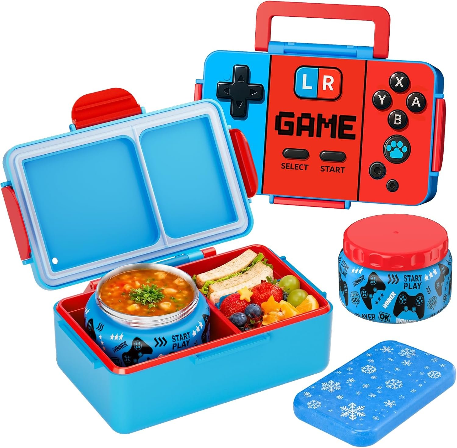 Bento Lunch Box for Kids with Thermos – Game Console Design with 12oz Insulated Stainless Steel Soup Jar and Built-in Ice Pack, 3-Compartment Leak-Proof Kids Bento Box for Boys Girls School Travel