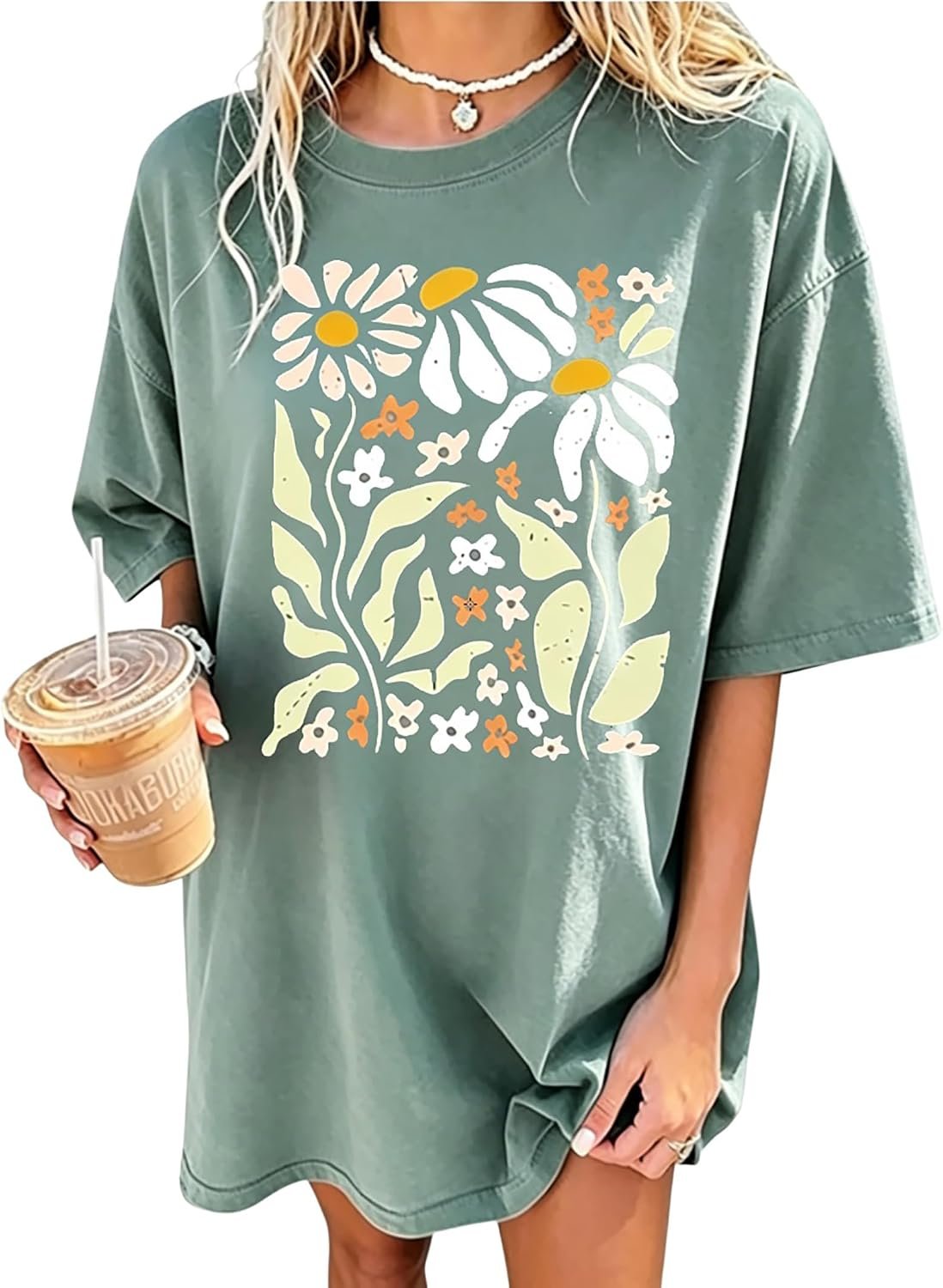 Women’s Oversized Vintage Floral Graphic Tee – Wildflower T-Shirts Short Sleeve Casual Loose Holiday Tops Shirt