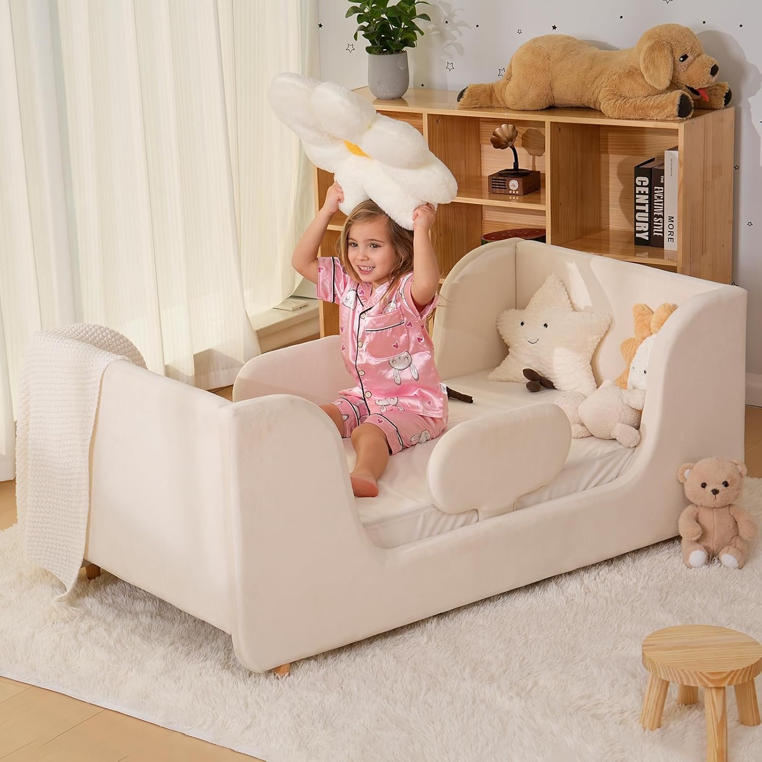 NAIZEA Toddler Bed,Upholstered Montessori Toddler Floor Bed Frame,Crib Size Low Profile Soft Kids Platform Bed for Boys & Girls,White