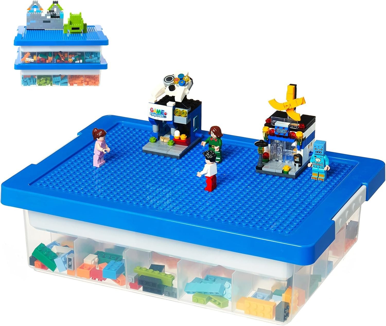 MACOPRO Toys Storage Organizer Box for Lego, Toy Box with Building Plate Lid and Removable Tray, Building Block Storage, Stackable Plastic Organizer Bins (Blue-1Pack)