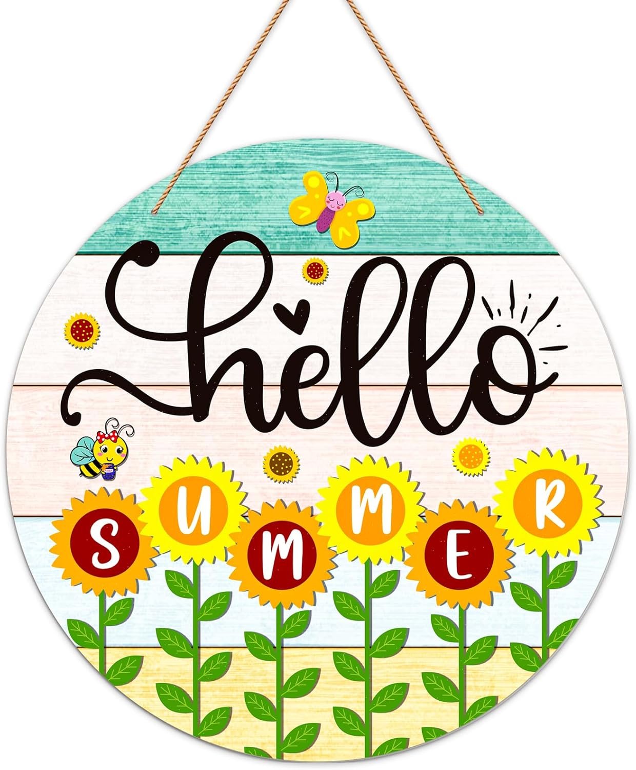 Hello Summer Door Sign – 11.5″ Farmhouse Sunflower Hanging Sign for Front Door Summer Door Wreath Welcome Decorations Sign for Home Porch Indoor Outdoor