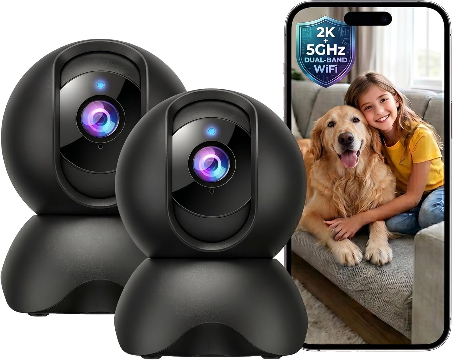 2K 5G Indoor Security Camera for Home, No Subscription AI Baby Monitor with Phone App & Crying Detection, 360° Pan-Tilt WiFi Pet Camera, 2-Way Audio, Auto-Tracking, 24/7 SD Storage (2-Pack)