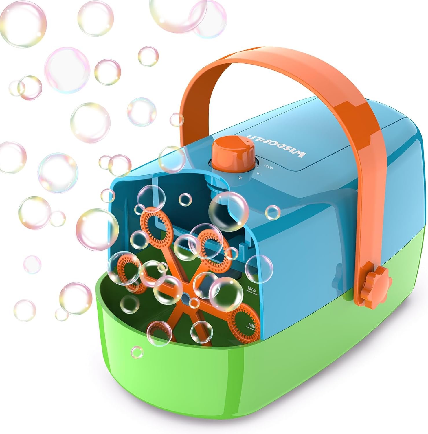 Wisdomlit Bubble Machine, 3-in-1 Bubble Maker, Bubble Blower with 3 Bubble Wheels, Make Small | Medium | Big Bubbles for Kids Toddlers, Bubble Toys for Indoor Outdoor Birthday Party (Multi-Color)