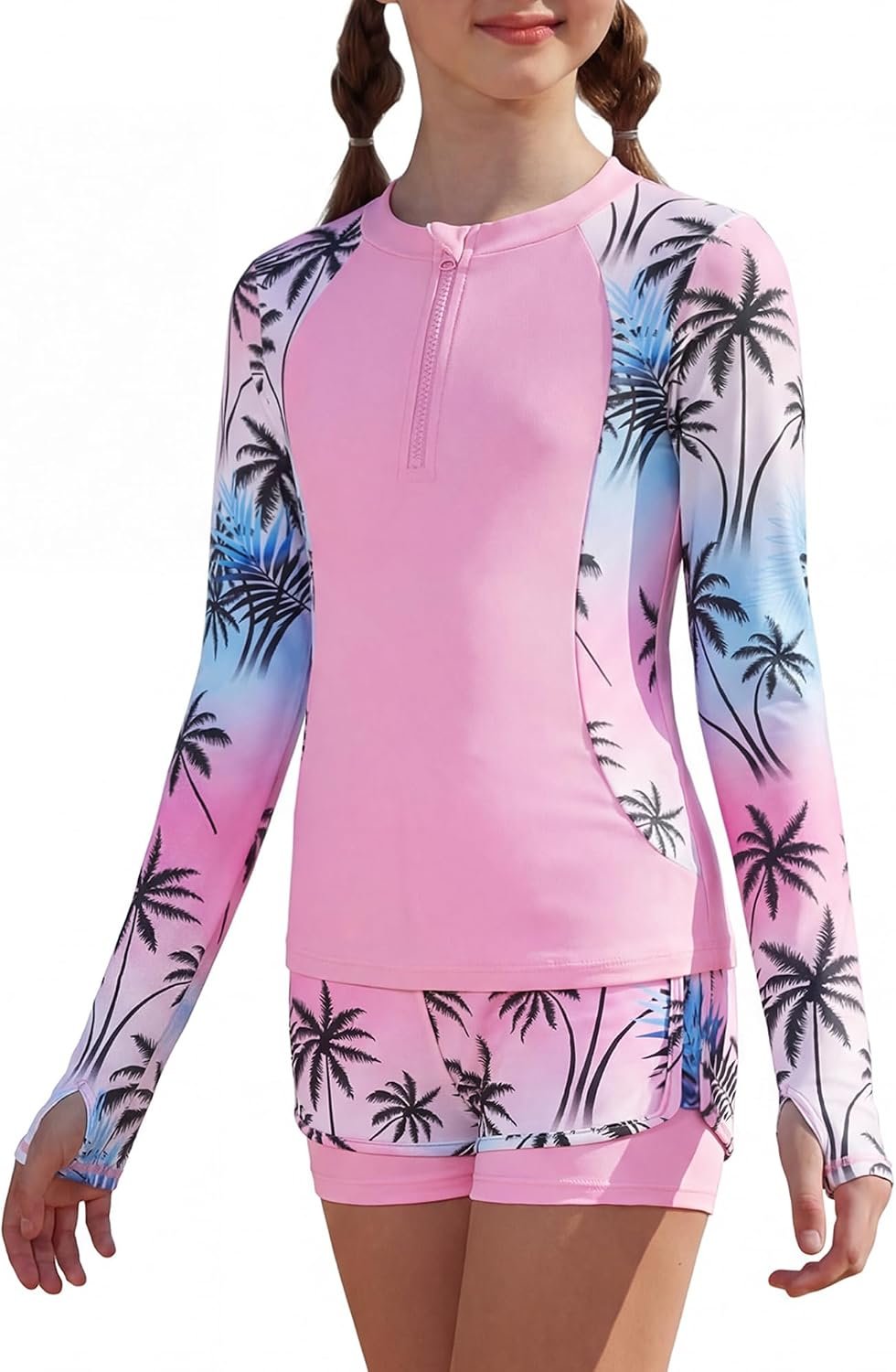 GRACE KARIN Girls Rash Guard Swimsuit Long Sleeve Two Piece Bathing Suit UPF 50+ Summer Swimwear Size 6-12Y