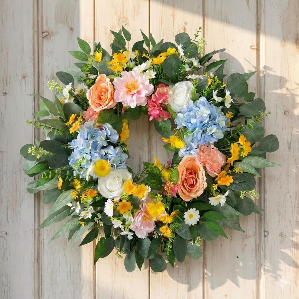 26 Inch Spring Wreath for Front Door Easter Wreath with Hydrangea, Peony & Rose – Wild Flowers Eucalyptus Leaves, Summer Wreath for Home Decor Farmhouse Wall Window Spring Decor Indoor Outdoor Decor
