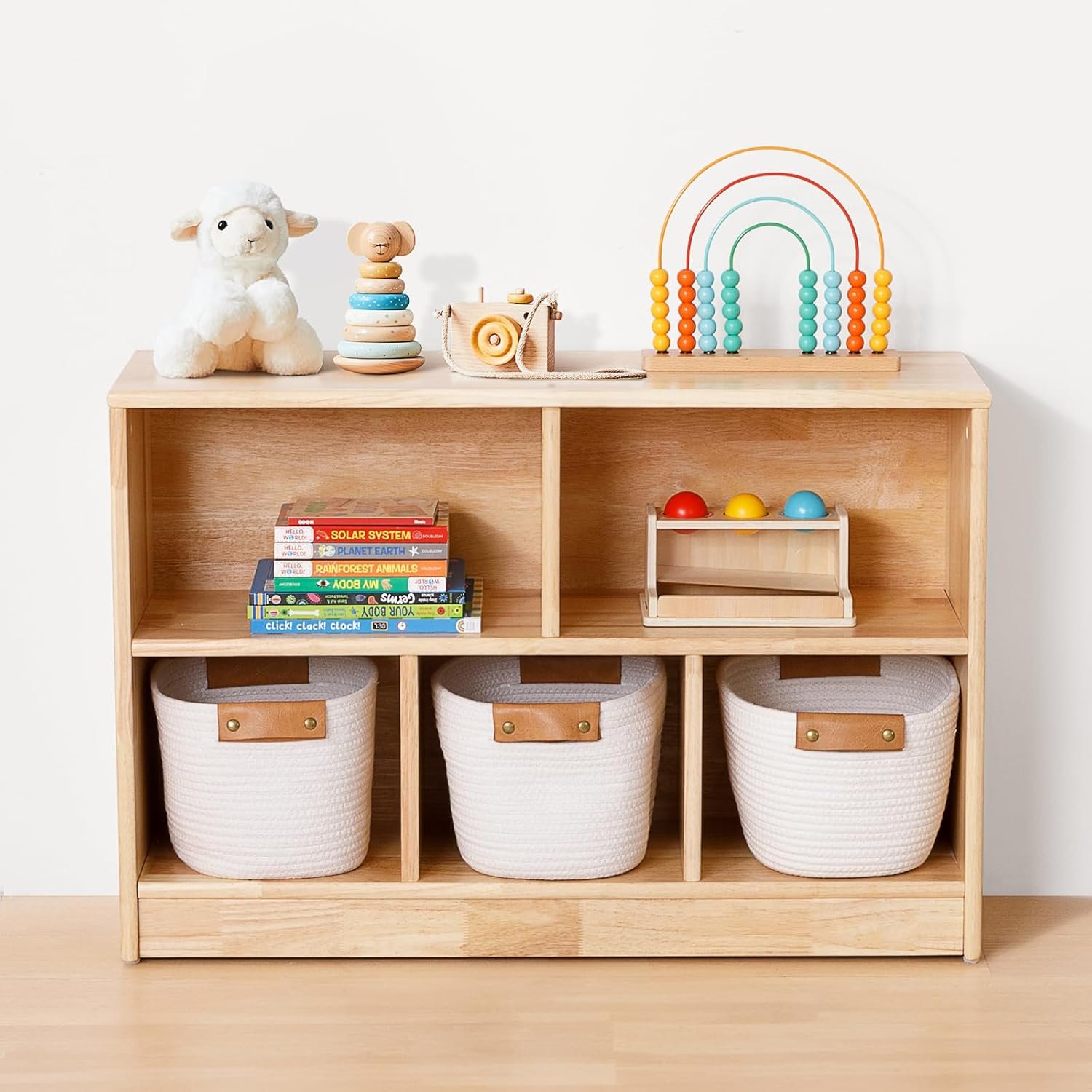 OOOK Rubber Wood 5-Compartment Montessori Shelf, 35.4″ L Toddler Bookshelf, 2-Tier Wooden Storage Cabinet, Kids Classroom Organizer, Playroom, Daycare and Preschool Storage Shelves
