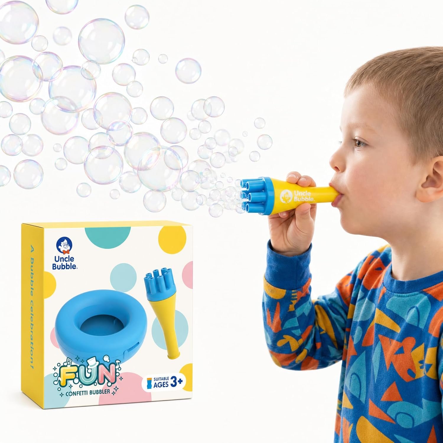 Uncle Bubble No-Spill Bubble Toy for Toddlers Ages 3+ | Confetti Bubbler Set with Spill-Proof Tray, Manual Wand, 2 Solution Packs | Indoor Outdoor Party Favor Gift
