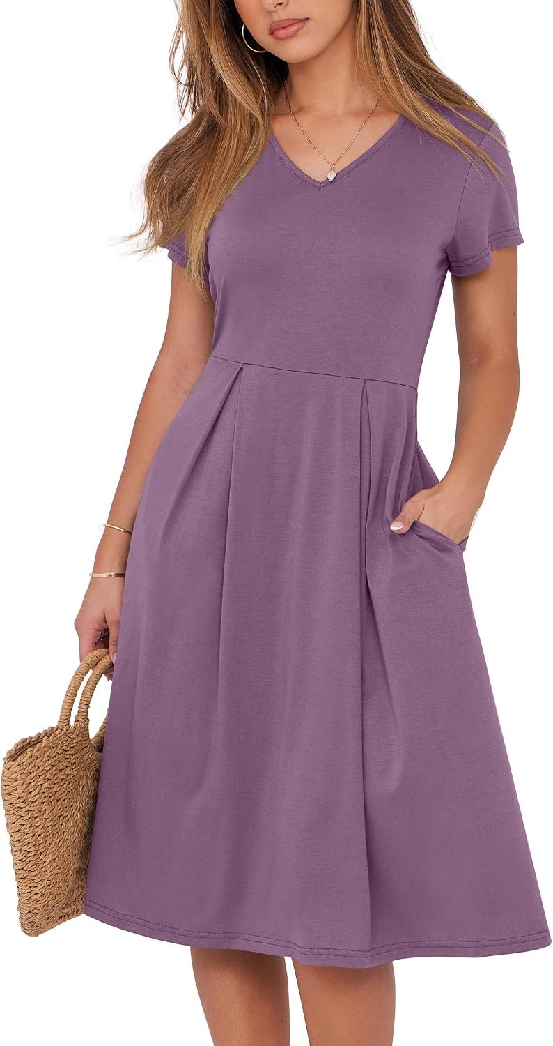 ANRABESS Women Summer Dress Casual Short Sleeve V Neck A-Line Knee Length Pleated Flowy 2026 Fashion Midi Dresses with Pocket