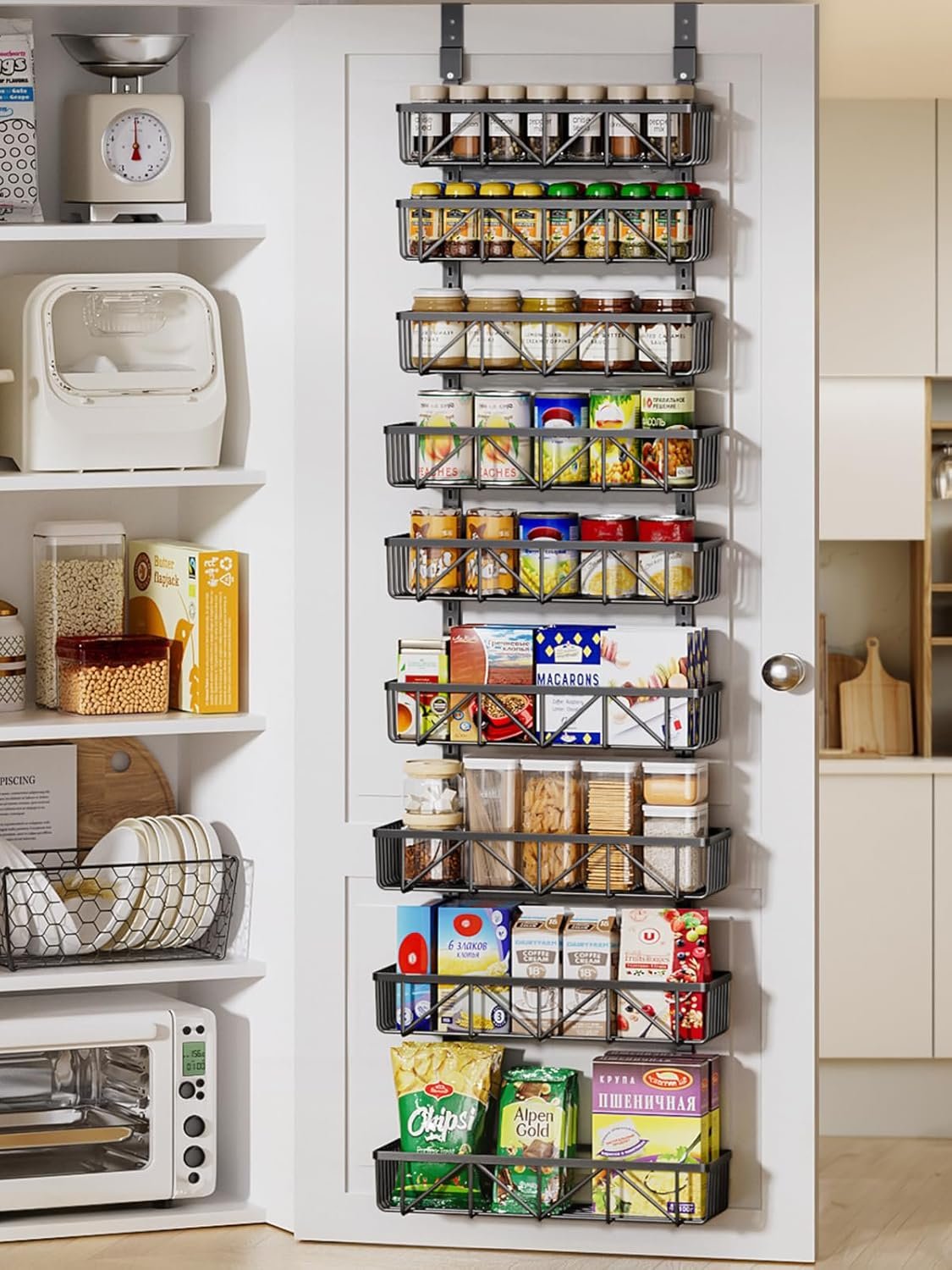 Delamu Adjustable Over the Door Pantry Organizer, 9-Tier Metal Pantry Organization and Storage for Kitchen, Hanging Spice Rack Seasoning Shelves, Cabinet Door Organizer for Easy Install, 16″ Black
