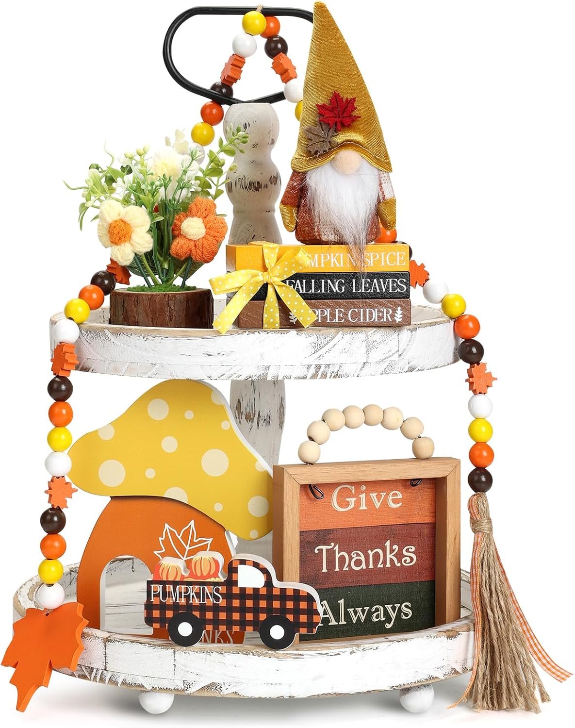 7 pcs Thanksgiving Tiered Tray Fall Decor Set, Gnome Truck Thanksgiving Wood Plaque Wooden Bead String Decorations, Fall Decorations for Home Kitchen Fireplace Farmhouse Office Fall Decoration