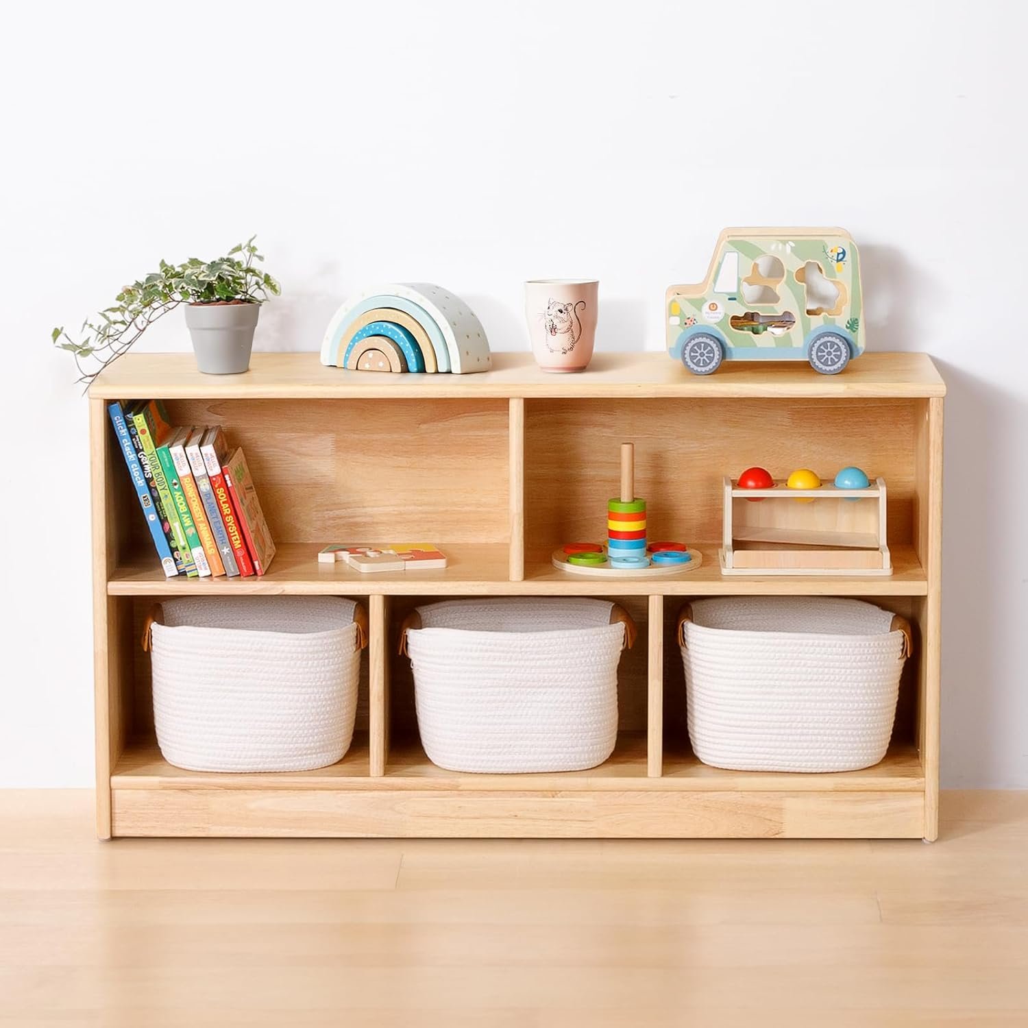 OOOK Rubber Wood 5-Compartment Montessori Shelf, 43.3″ L, 2-Tier Toy Organizers and Storage, Wooden Storage Cabinet for Kids Room, Playroom, Nursery, Classroom, Kindergarten