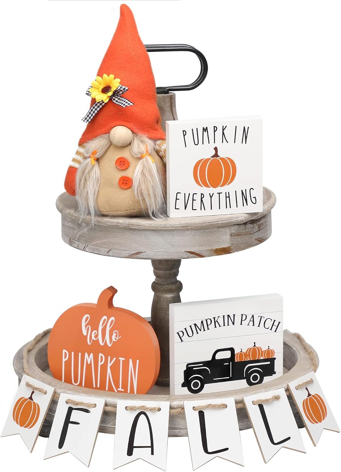 Thanksgiving Tiered Tray Decor Set 5PCS Farmhouse Fall Thanksgiving Decor with Gnome, Pumpkin Signs, Wooden Blocks & Banner Rustic Autumn Decorations for Table Top, Coffee Bar, and Tiered Trays