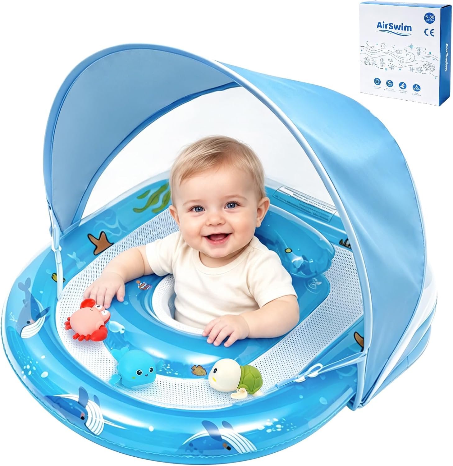 AirSwim Baby Pool Float with Canopy, Inflatable Infant Pool Float with UPF 50+ Sun Protection Removable Canopy & Animal Toys, Toddler Floaties with Safety Seat for 6-36 Months Boys Girls, Blue