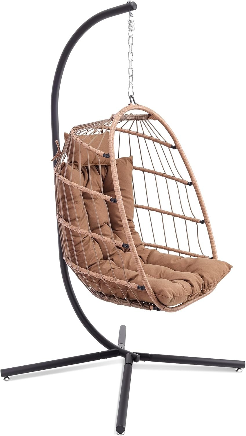 SereneLife Egg Chair with Stand – Hanging Rattan Wicker Swing for Indoor Outdoor Use – 350 lbs Capacity, Breathable Cushion & Headrest – Patio, Balcony, Porch, Bedroom Lounge Furniture