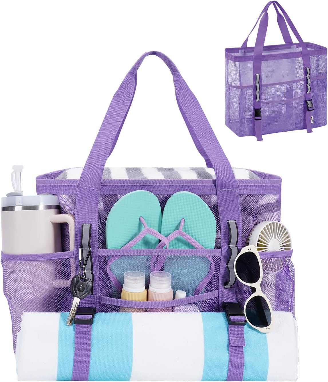 WANDF Mesh Beach Bag for Women, Large Beach Tote Bags with 40oz Tumbler Side Pockets, Family Pool Bag for Swim Toys Towels Cruise Vacation Essentials (Purple)