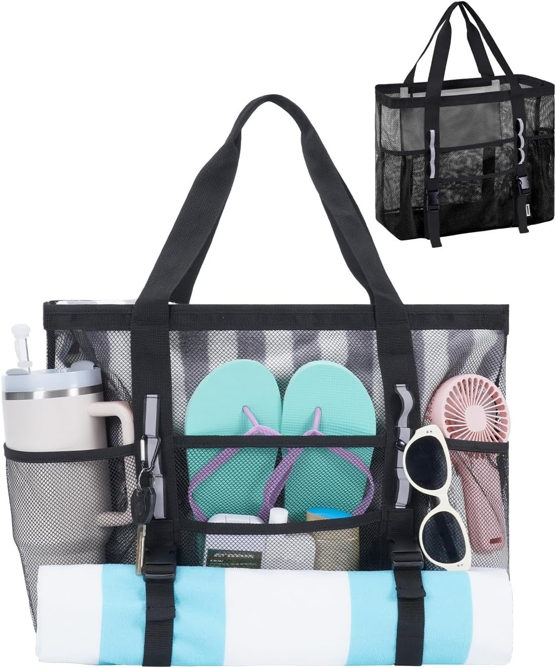WANDF Mesh Beach Bag for Women, Large Beach Tote Bags with 40oz Tumbler Side Pockets, Family Pool Bag for Swim Toys Towels Cruise Vacation Essentials (Black)