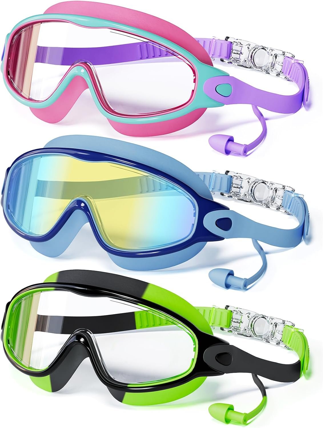 3 Pack Swimming Goggles, Kid Goggles with Earplugs Large Frame Anti-Fog/UV Wide View Swim Goggles Boys Girls 4-12